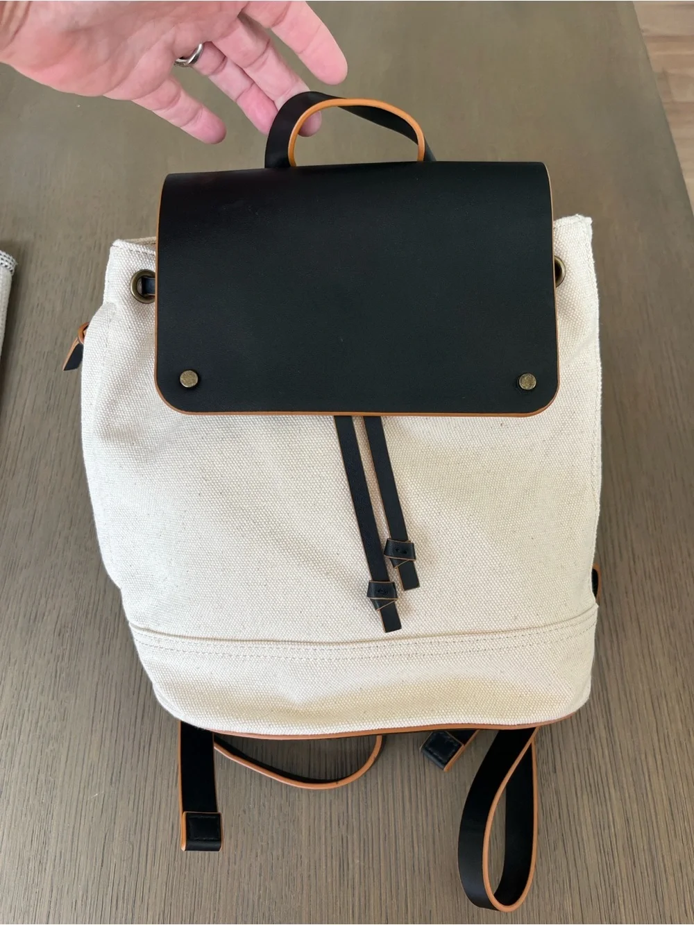 Treasure & Bond Canvas Backpack with Black Leather Flap and Tan Trim